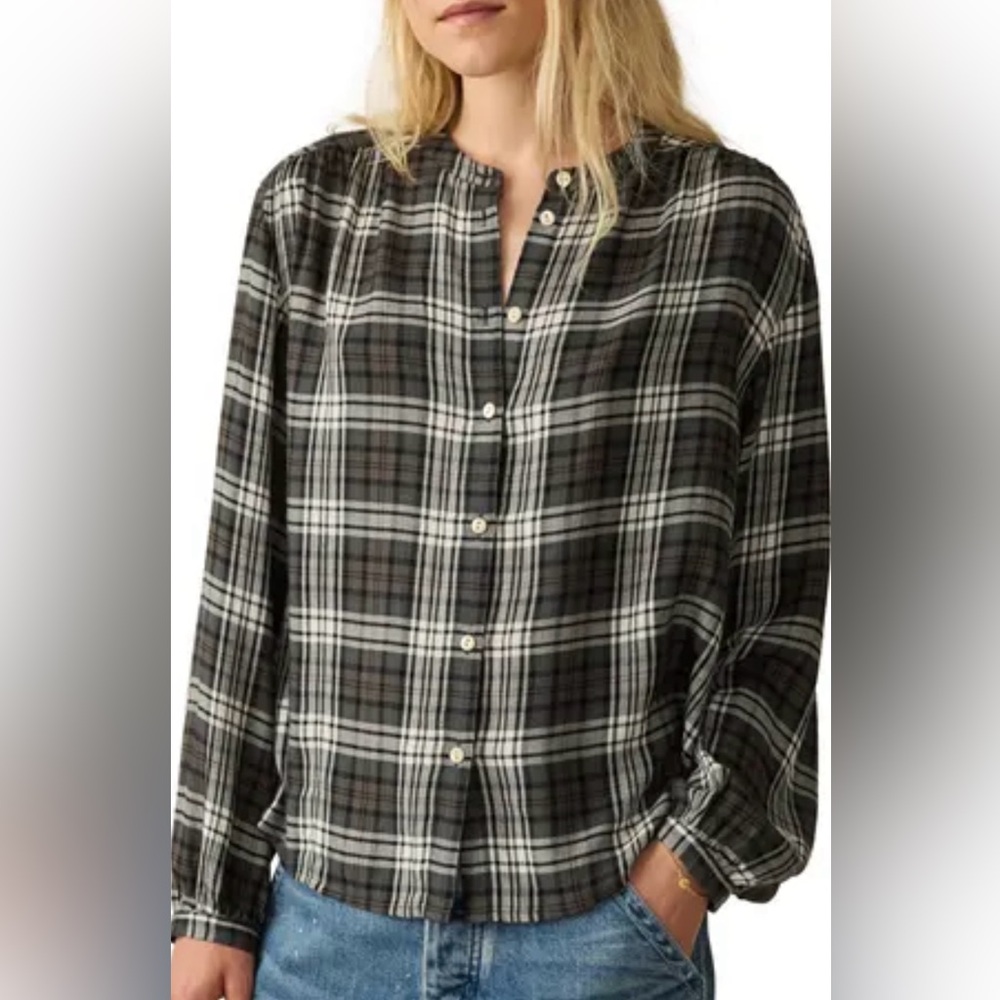 Flaherty Drift Plaid Button Front Shirt Blouse in Color Timberwood Plaid Size XS
